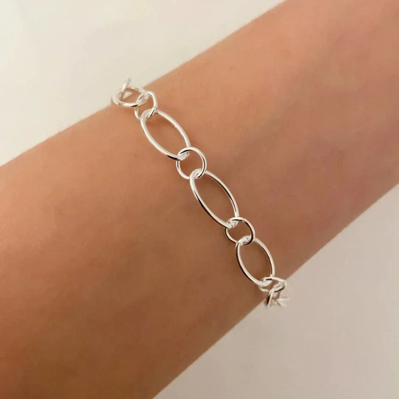 925 Sterling Silver Oval Link Bracelet Dainty Bracelet Round Circle Link Chain - Picture 5 of 5